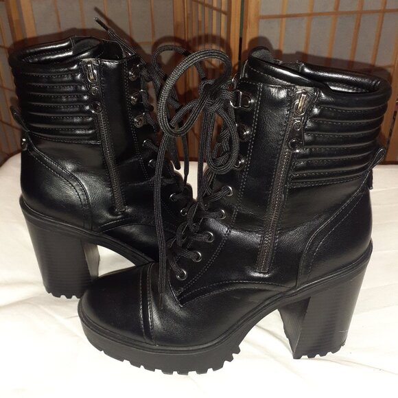 GBG LOS ANGELES BOOTS BLACK SIDE ZIP COMBAT CHUNKY BLOCK HEEL-WOMENS SIZE 9.5 - Picture 1 of 4